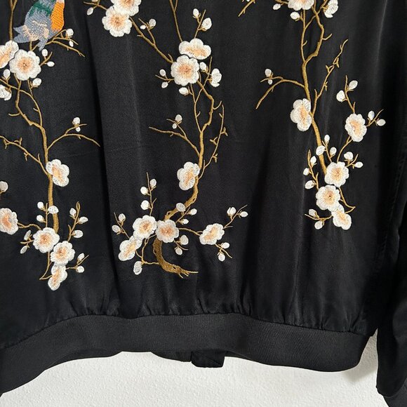 Zara Jacket M Black Satin Embroidered Asian Floral Bird Full Zip Bomber - Picture 9 of 11